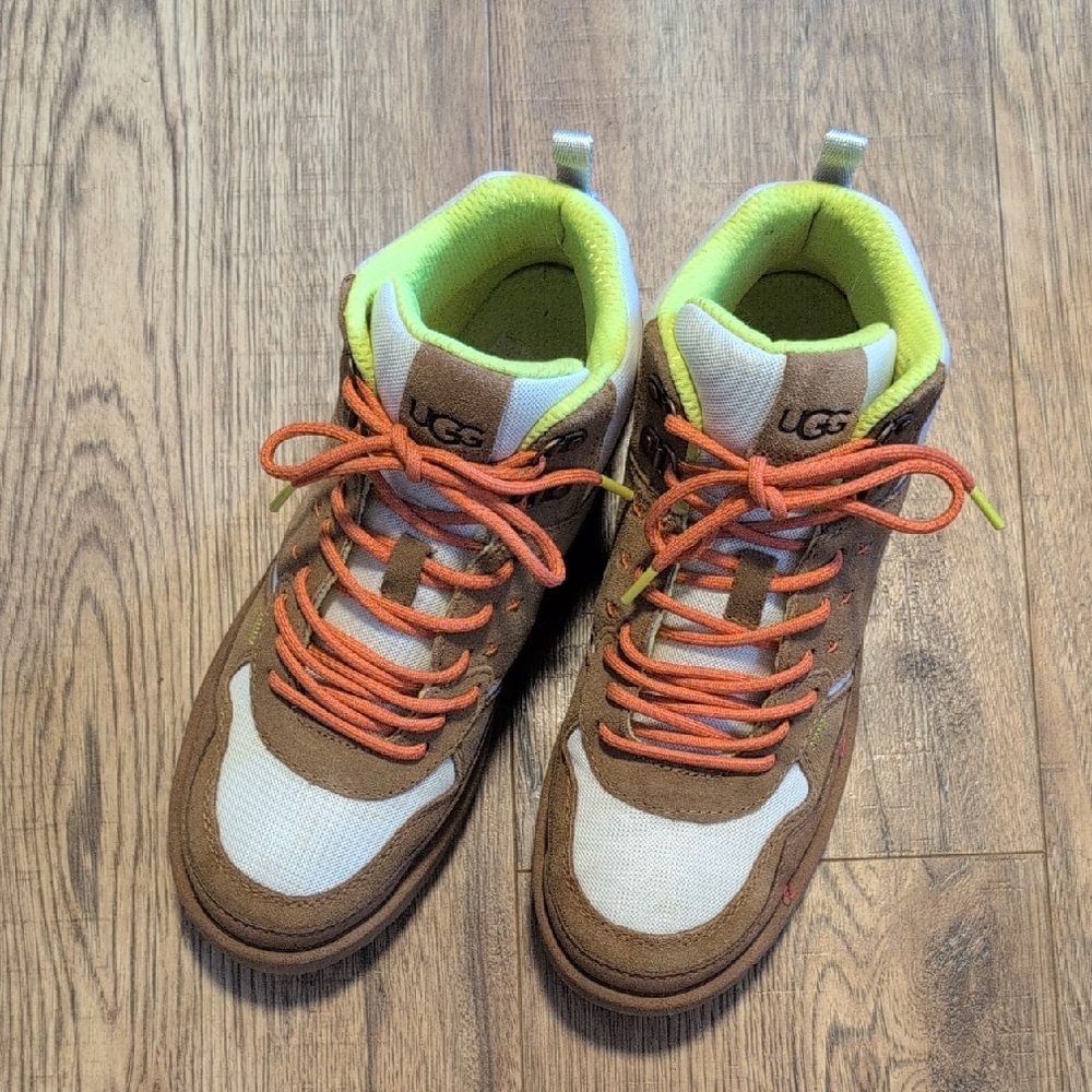 UGG Brown and White Sneakers with Orange Laces